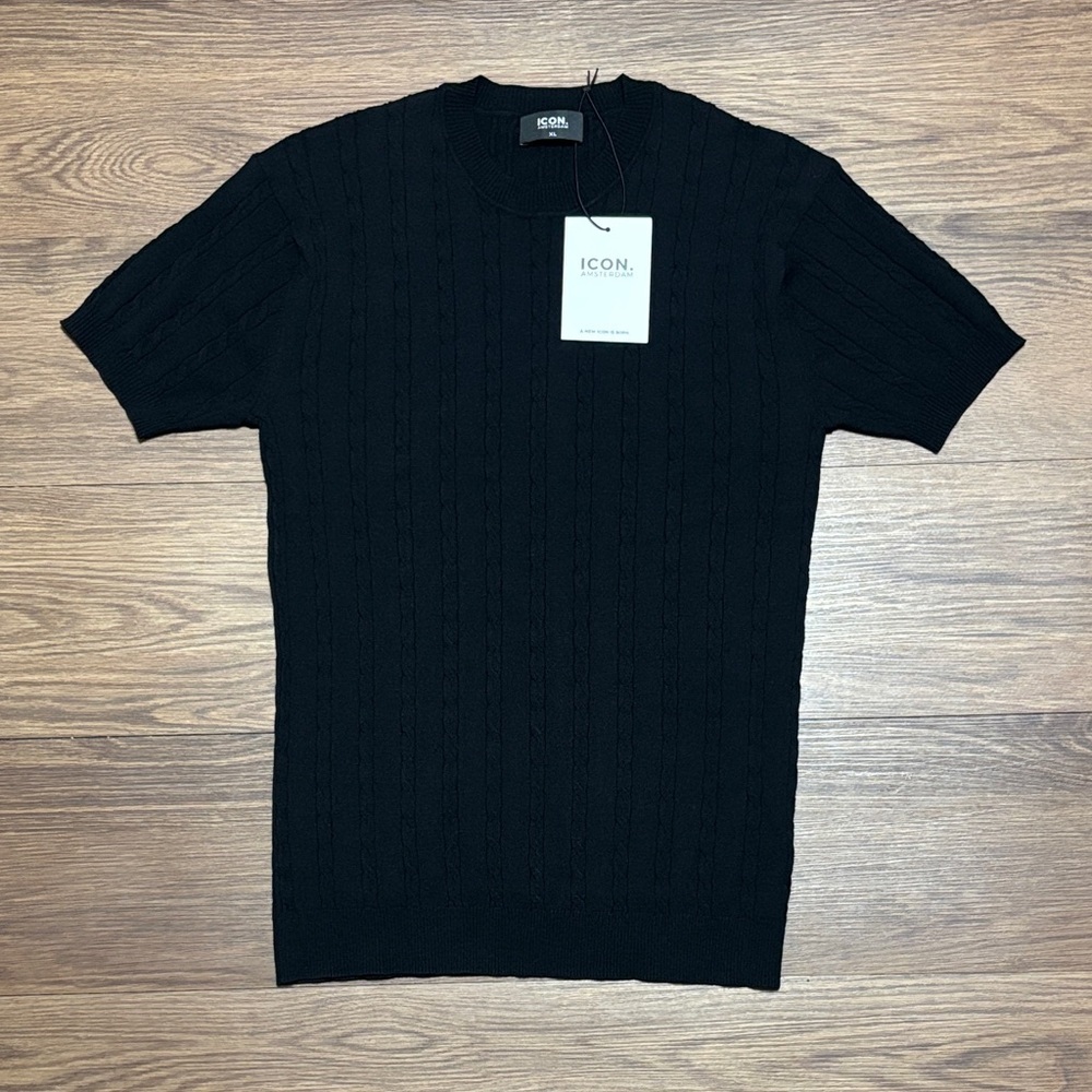 ICON Amsterdam Cable Knit Short Sleeve Sweater XL Black NWT
